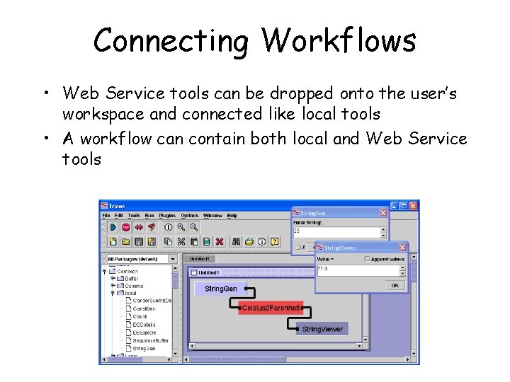 Connecting Workflows • Web Service tools can be dropped onto the user’s workspace and