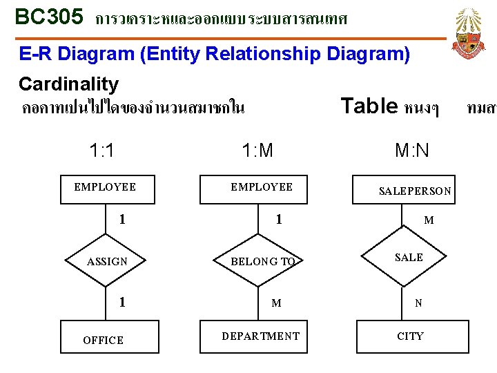 BC 305 การวเคราะหและออกแบบระบบสารสนเทศ E-R Diagram (Entity Relationship Diagram) Cardinality คอคาทเปนไปไดของจำนวนสมาชกใน Table หนงๆ 1: 1