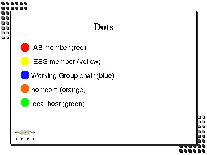Dots IAB member (red) IESG member (yellow) Working Group chair (blue) nomcom (orange) local Dots IAB member (red) IESG member (yellow) Working Group chair (blue) nomcom (orange) local