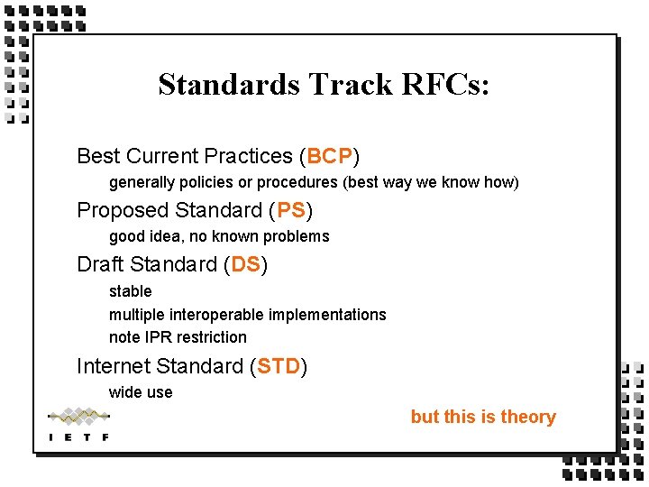 Standards Track RFCs: Best Current Practices (BCP) generally policies or procedures (best way we Standards Track RFCs: Best Current Practices (BCP) generally policies or procedures (best way we