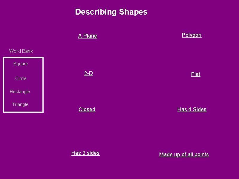 Describing Shapes A Plane Polygon Word Bank Square Circle 2 -D Flat Rectangle Triangle