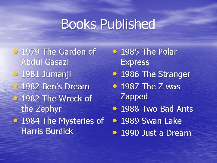 Books Published • 1979 The Garden of • 1985 The Polar • • •