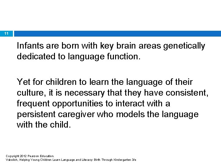11 Infants are born with key brain areas genetically dedicated to language function. Yet