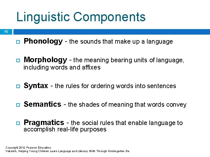 Linguistic Components 15 Phonology - the sounds that make up a language Morphology -