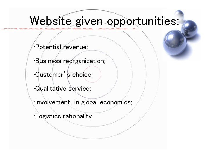 Website given opportunities: • Potential revenue; • Business reorganization; • Customer’s choice; • Qualitative