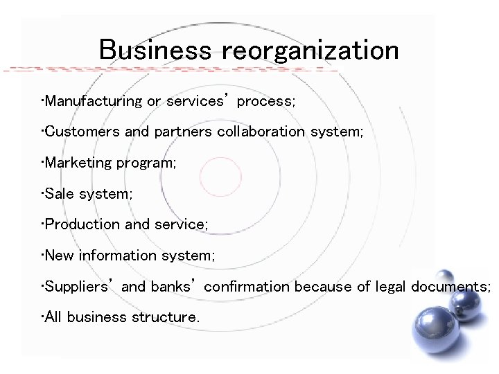 Business reorganization • Manufacturing or services’ process; • Customers and partners collaboration system; •