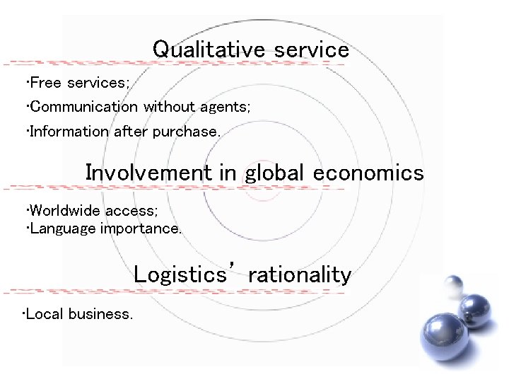 Qualitative service • Free services; • Communication without agents; • Information after purchase. Involvement