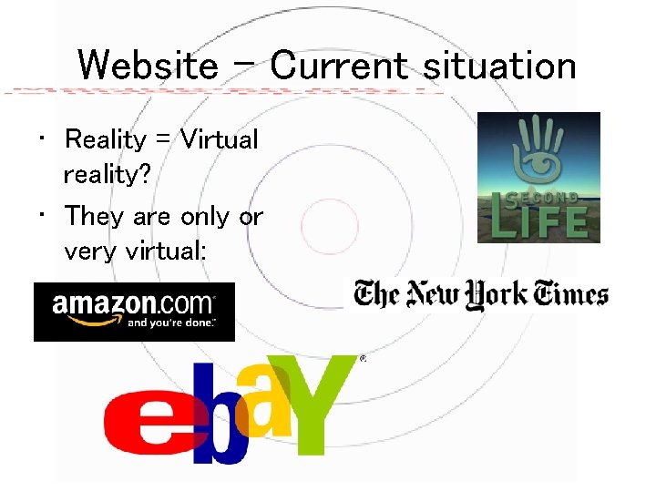 Website - Current situation • Reality = Virtual reality? • They are only or