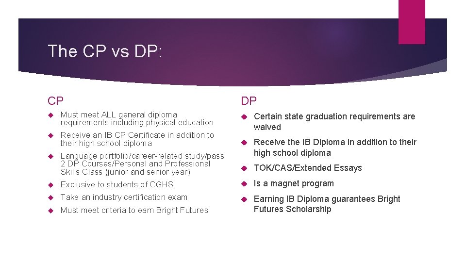The CP vs DP: CP Must meet ALL general diploma requirements including physical education
