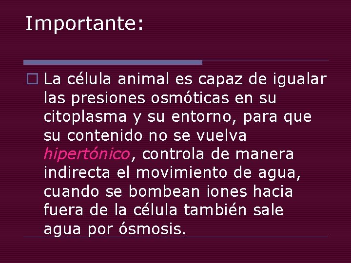 Importante: o La célula animal es capaz de igualar las presiones osmóticas en su