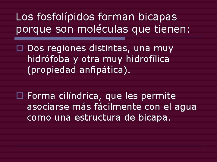 Los fosfolípidos forman bicapas porque son moléculas que tienen: o Dos regiones distintas, una