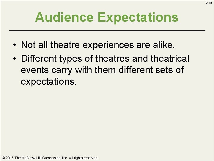 2 -10 Audience Expectations • Not all theatre experiences are alike. • Different types 2 -10 Audience Expectations • Not all theatre experiences are alike. • Different types