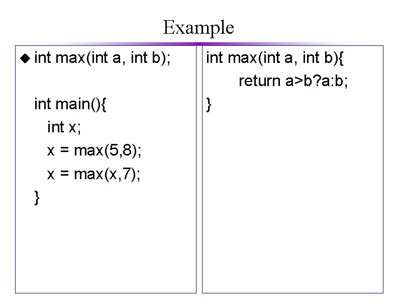 Example u int max(int a, int b); int main(){ int x; x = max(5,