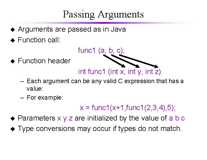 Passing Arguments u u u Arguments are passed as in Java Function call: func