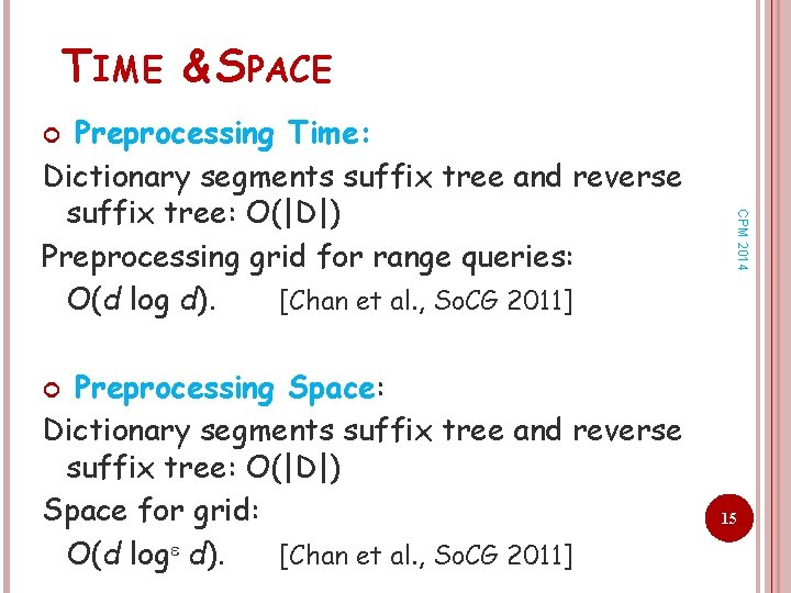 TIME & SPACE Preprocessing Time: Dictionary segments suffix tree and reverse suffix tree: O(|D|) TIME & SPACE Preprocessing Time: Dictionary segments suffix tree and reverse suffix tree: O(|D|)