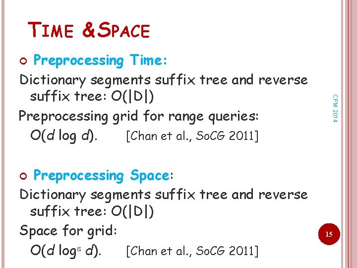 TIME & SPACE Preprocessing Time: Dictionary segments suffix tree and reverse suffix tree: O(|D|)