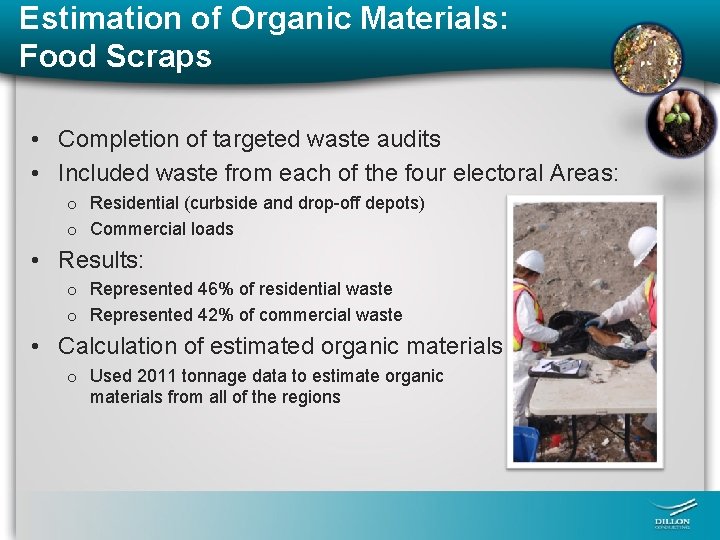 Estimation of Organic Materials: Food Scraps • Completion of targeted waste audits • Included