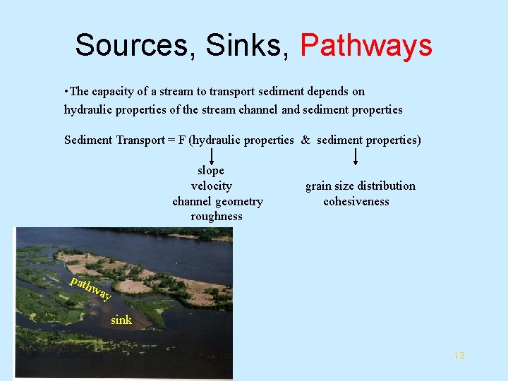 Sources, Sinks, Pathways • The capacity of a stream to transport sediment depends on