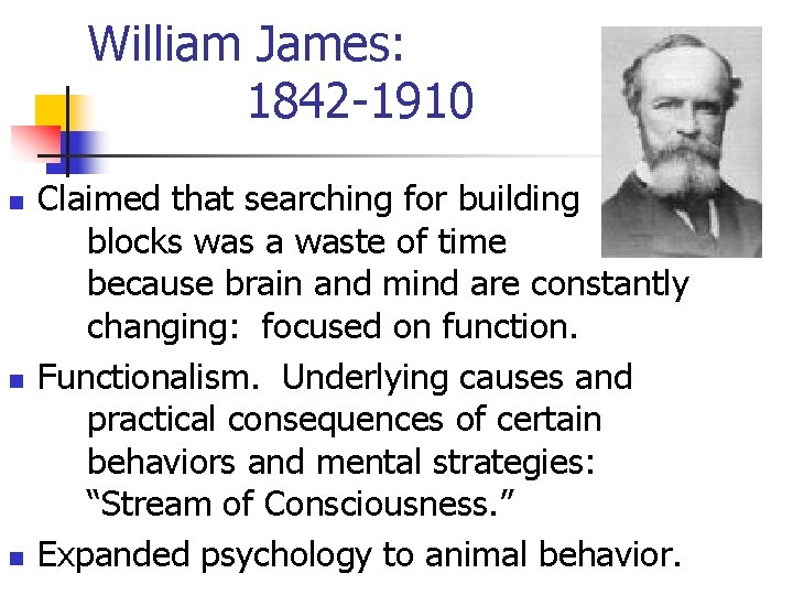 William James: 1842 -1910 n n n Claimed that searching for building blocks was