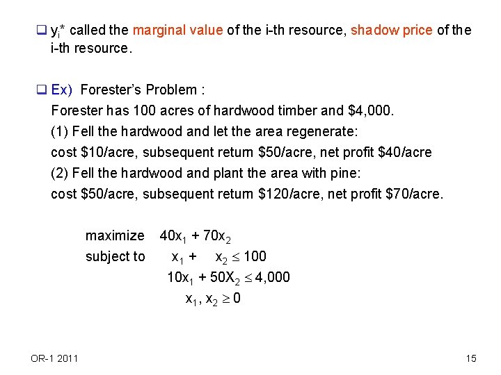 q yi* called the marginal value of the i-th resource, shadow price of the