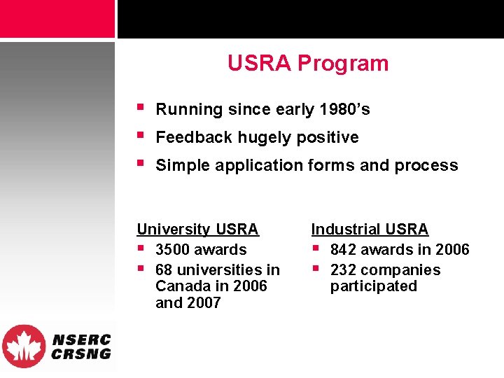 USRA Program § § § Running since early 1980’s Feedback hugely positive Simple application