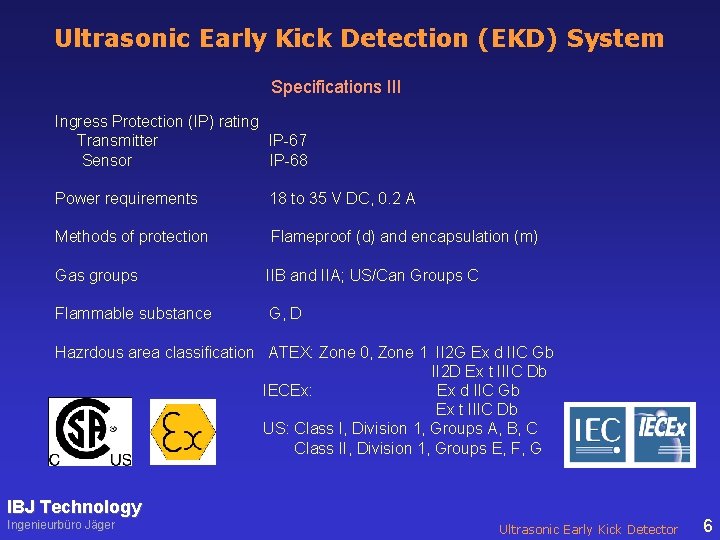 Ultrasonic Early Kick Detection (EKD) System Specifications III Ingress Protection (IP) rating Transmitter IP-67
