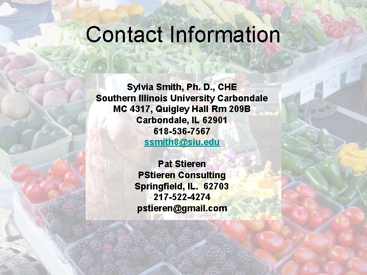 Contact Information Sylvia Smith, Ph. D. , CHE Southern Illinois University Carbondale MC 4317,