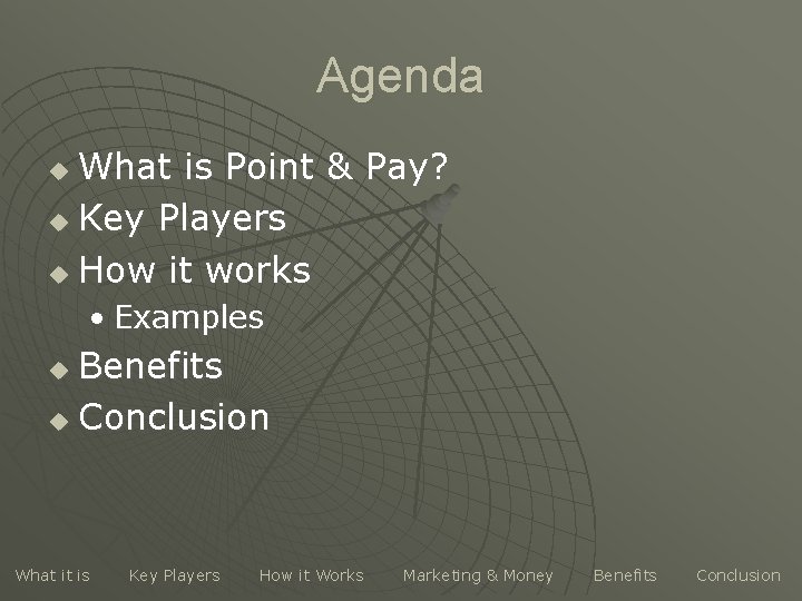 Agenda What is Point & Pay? u Key Players u How it works u