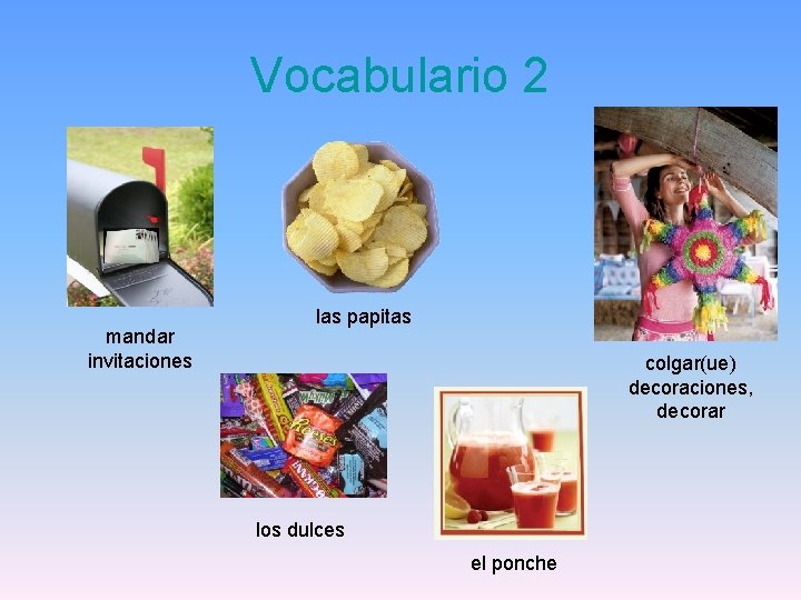 Vocabulario 2 mandar invitaciones las papitas colgar(ue) decoraciones, decorar los dulces el ponche 