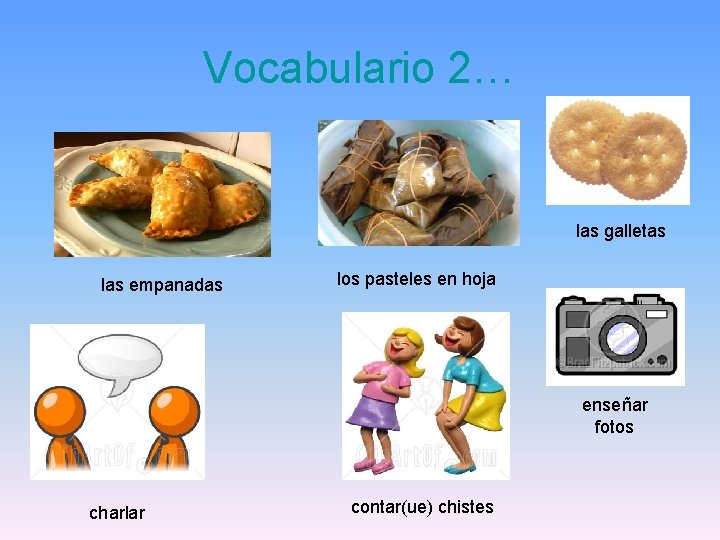 Vocabulario 2… las galletas las empanadas los pasteles en hoja enseñar fotos charlar contar(ue)