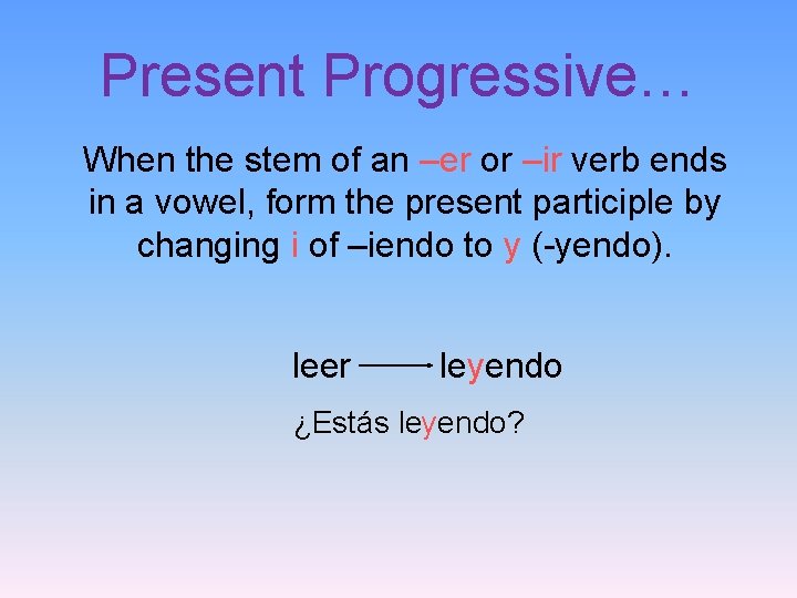 Present Progressive… When the stem of an –er or –ir verb ends in a