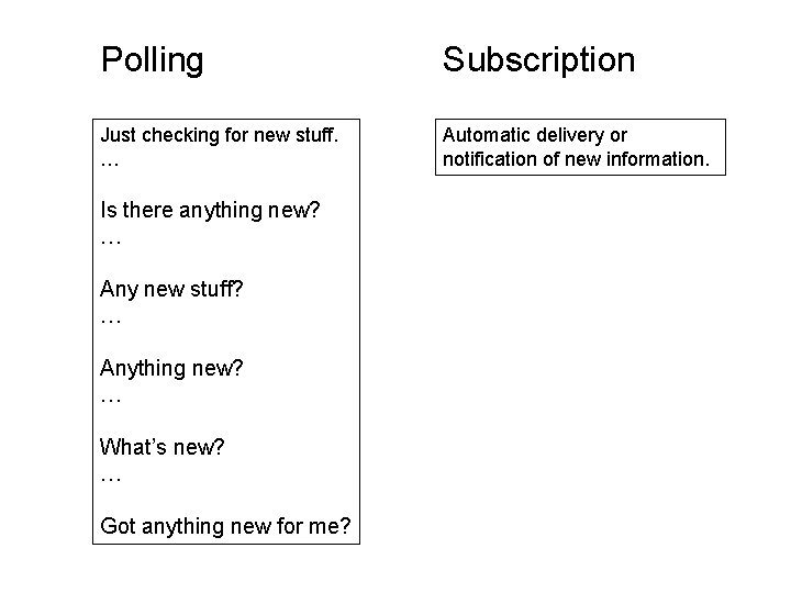 Polling Subscription Just checking for new stuff. … Automatic delivery or notification of new