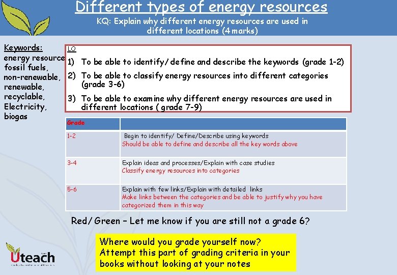 Different types of energy resources KQ: Explain why different energy resources are used in