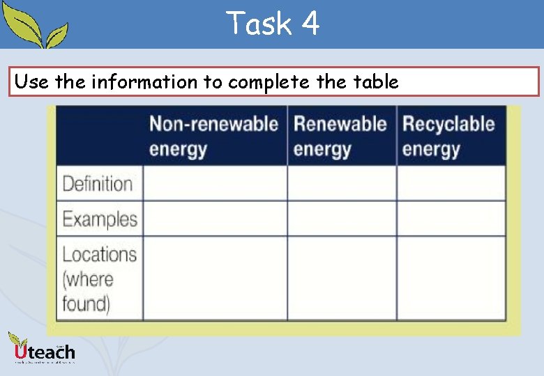 Task 4 Use the information to complete the table 