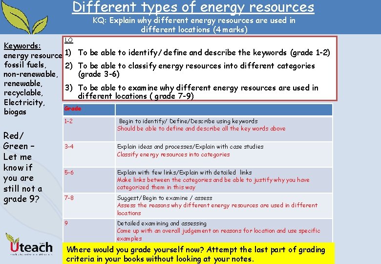 Different types of energy resources KQ: Explain why different energy resources are used in