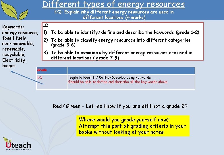 Different types of energy resources KQ: Explain why different energy resources are used in