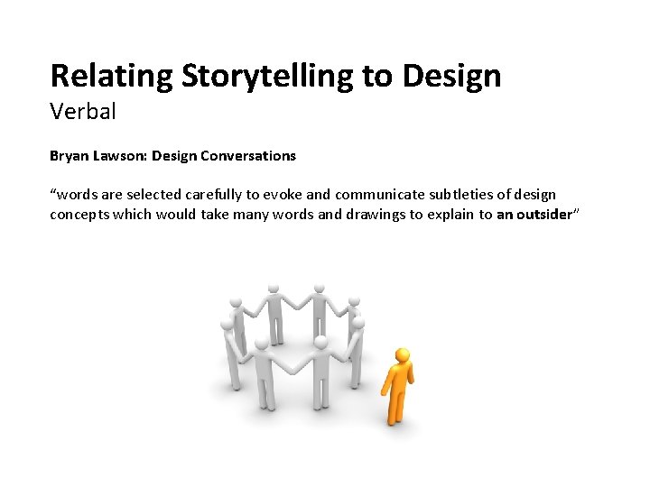 Relating Storytelling to Design Verbal Bryan Lawson: Design Conversations “words are selected carefully to