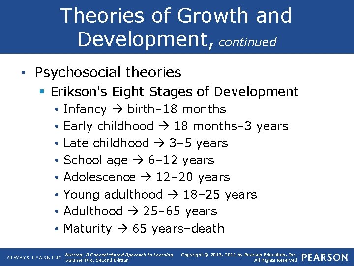 Theories of Growth and Development, continued • Psychosocial theories § Erikson's Eight Stages of