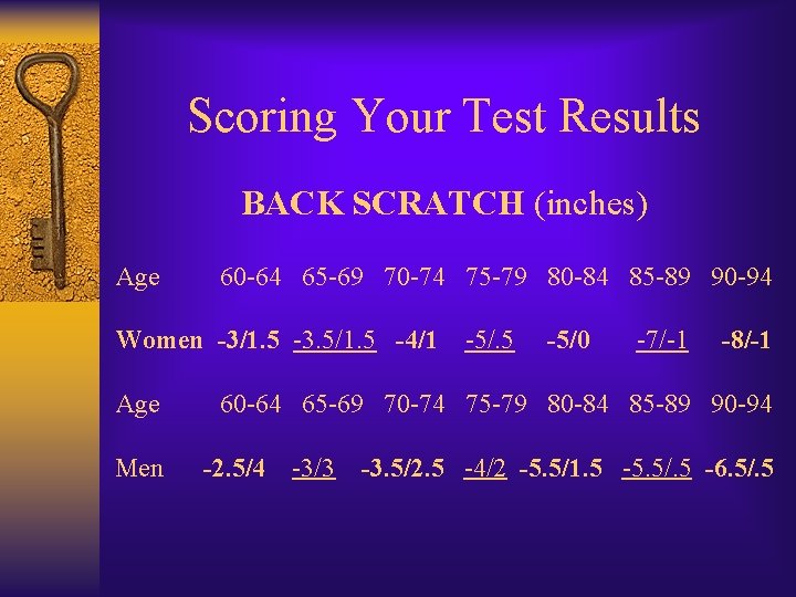 Scoring Your Test Results BACK SCRATCH (inches) Age 60 -64 65 -69 70 -74