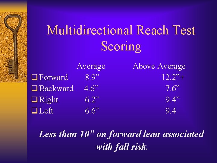 Multidirectional Reach Test Scoring Average q Forward 8. 9” q Backward 4. 6” q