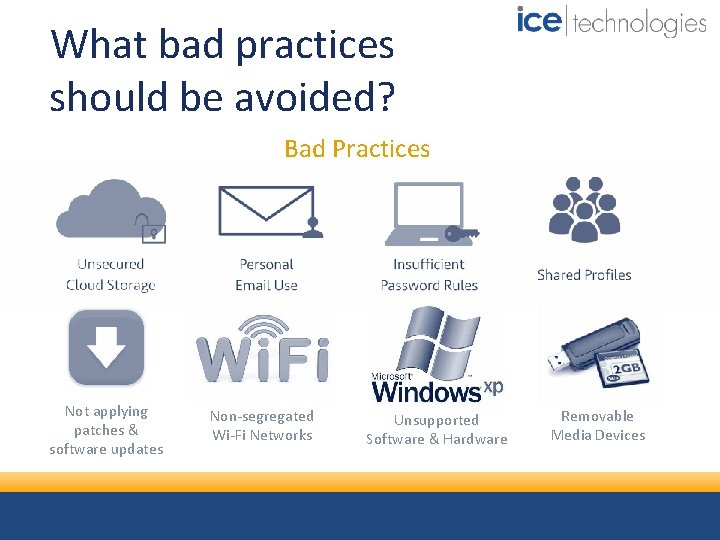 What bad practices should be avoided? Bad Practices Not applying patches & software updates