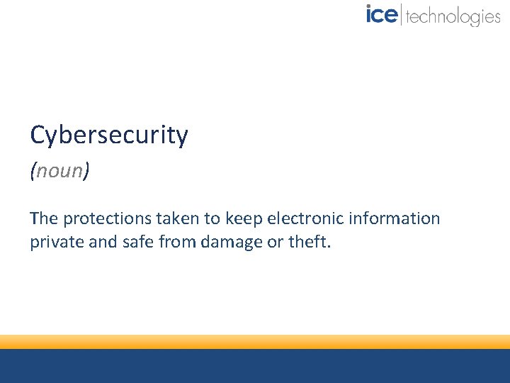 Cybersecurity (noun) The protections taken to keep electronic information private and safe from damage