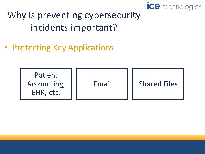Why is preventing cybersecurity incidents important? • Protecting Key Applications Patient Accounting, EHR, etc.