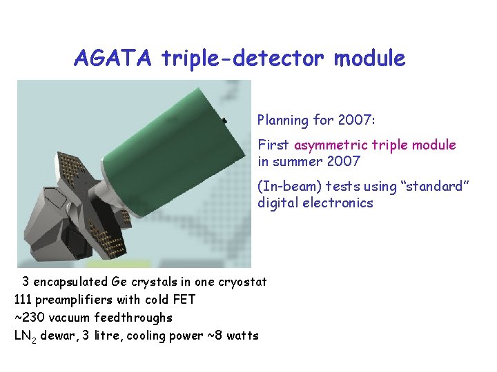 AGATA triple-detector module Planning for 2007: First asymmetric triple module in summer 2007 (In-beam)