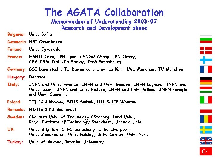 The AGATA Collaboration Memorandum of Understanding 2003 -07 Research and Development phase Bulgaria: Univ.