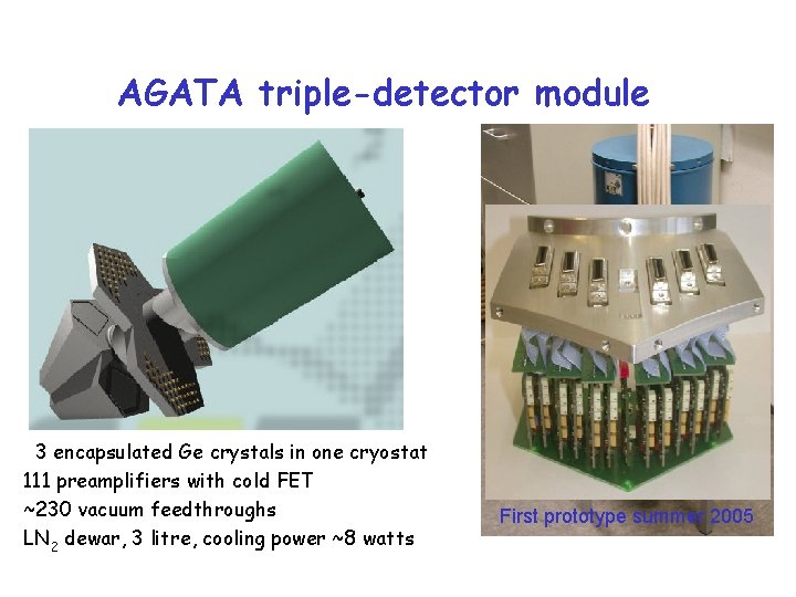 AGATA triple-detector module 3 encapsulated Ge crystals in one cryostat 111 preamplifiers with cold