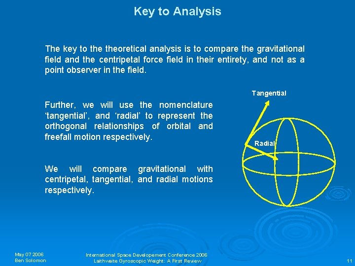 Key to Analysis The key to theoretical analysis is to compare the gravitational field