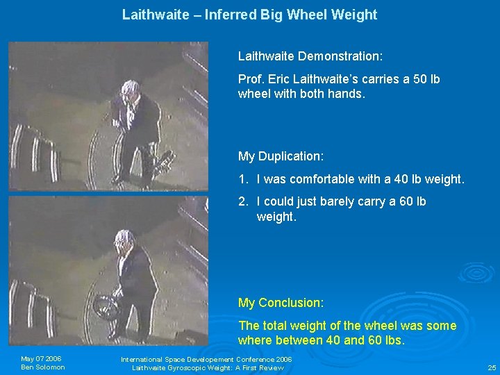Laithwaite – Inferred Big Wheel Weight Laithwaite Demonstration: Prof. Eric Laithwaite’s carries a 50