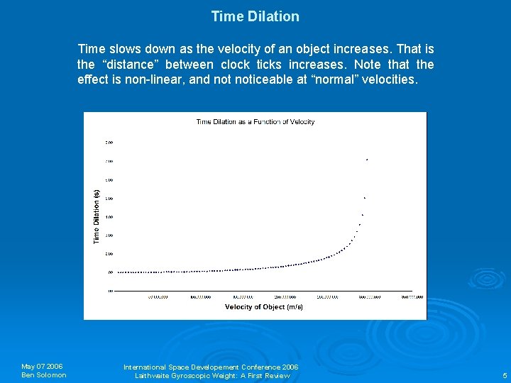 Time Dilation Time slows down as the velocity of an object increases. That is