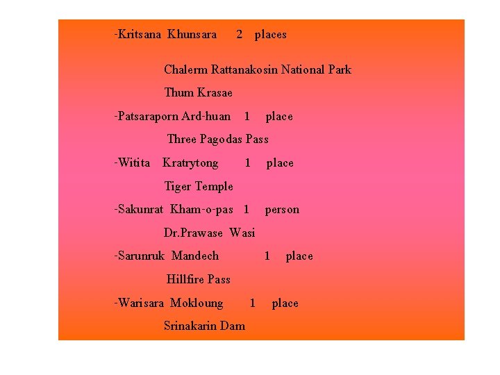 -Kritsana Khunsara 2 places Chalerm Rattanakosin National Park Thum Krasae -Patsaraporn Ard-huan 1 place